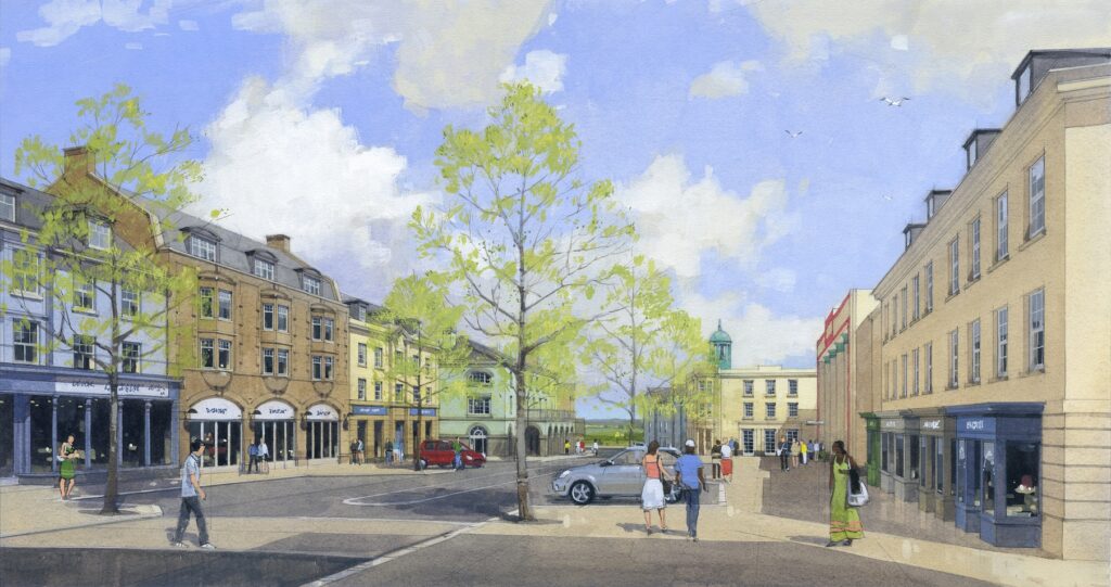 A watercolour showing how Nansledan's new Market Street will look once completed