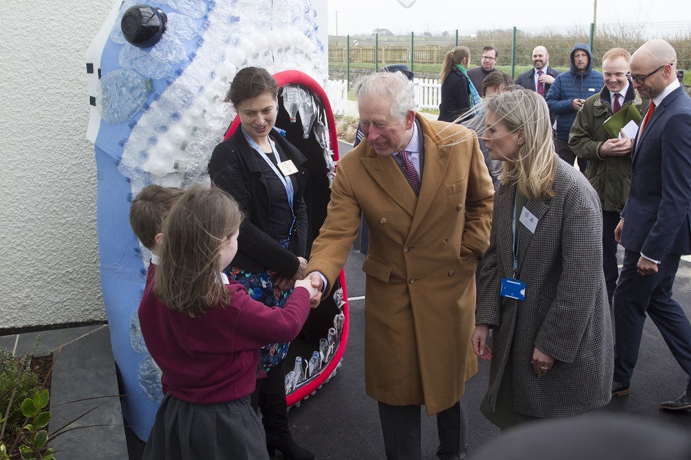 Prince Charles meets children at the official opening of the new primary school at Nansledan. Nansledan is a Duchy of Cornwall development of new homes and businesses at Newquay in Cornwall.