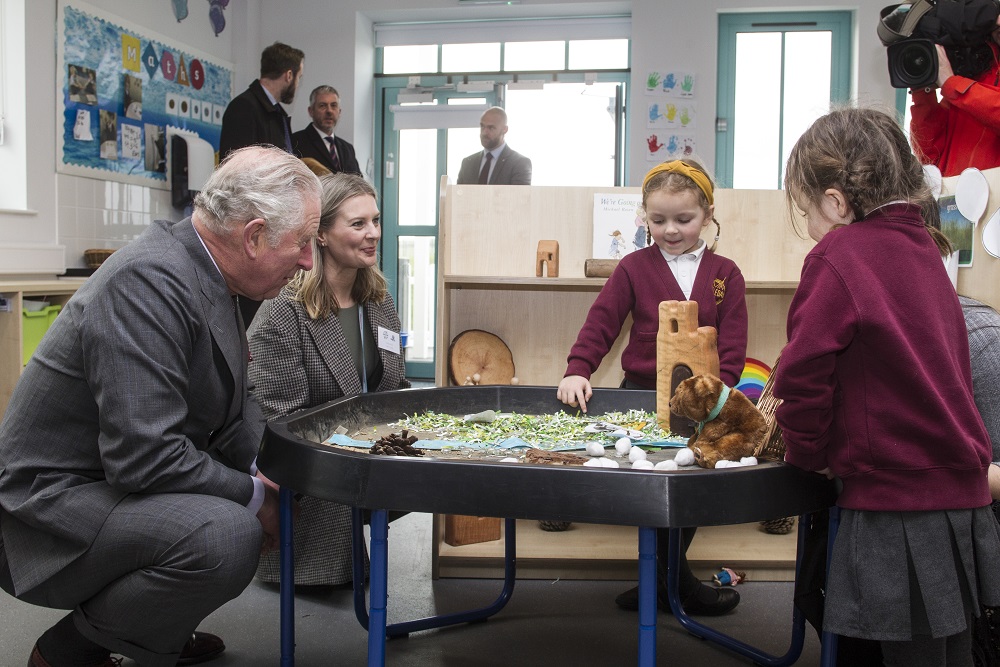 Prince Charles meets children at the official opening of the new primary school at Nansledan.